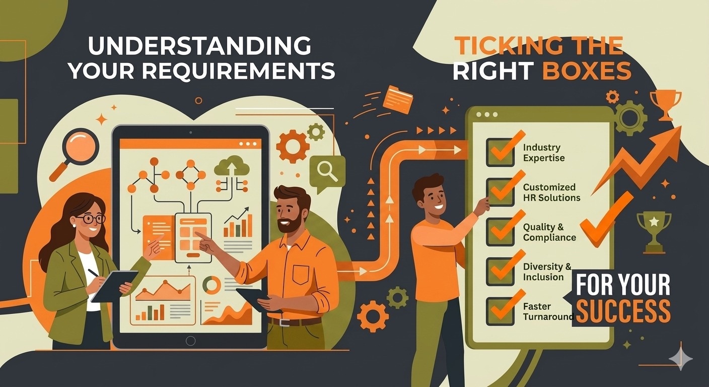 Illustration of two consultants reviewing recruitment requirements and a checklist for ticking the right boxes